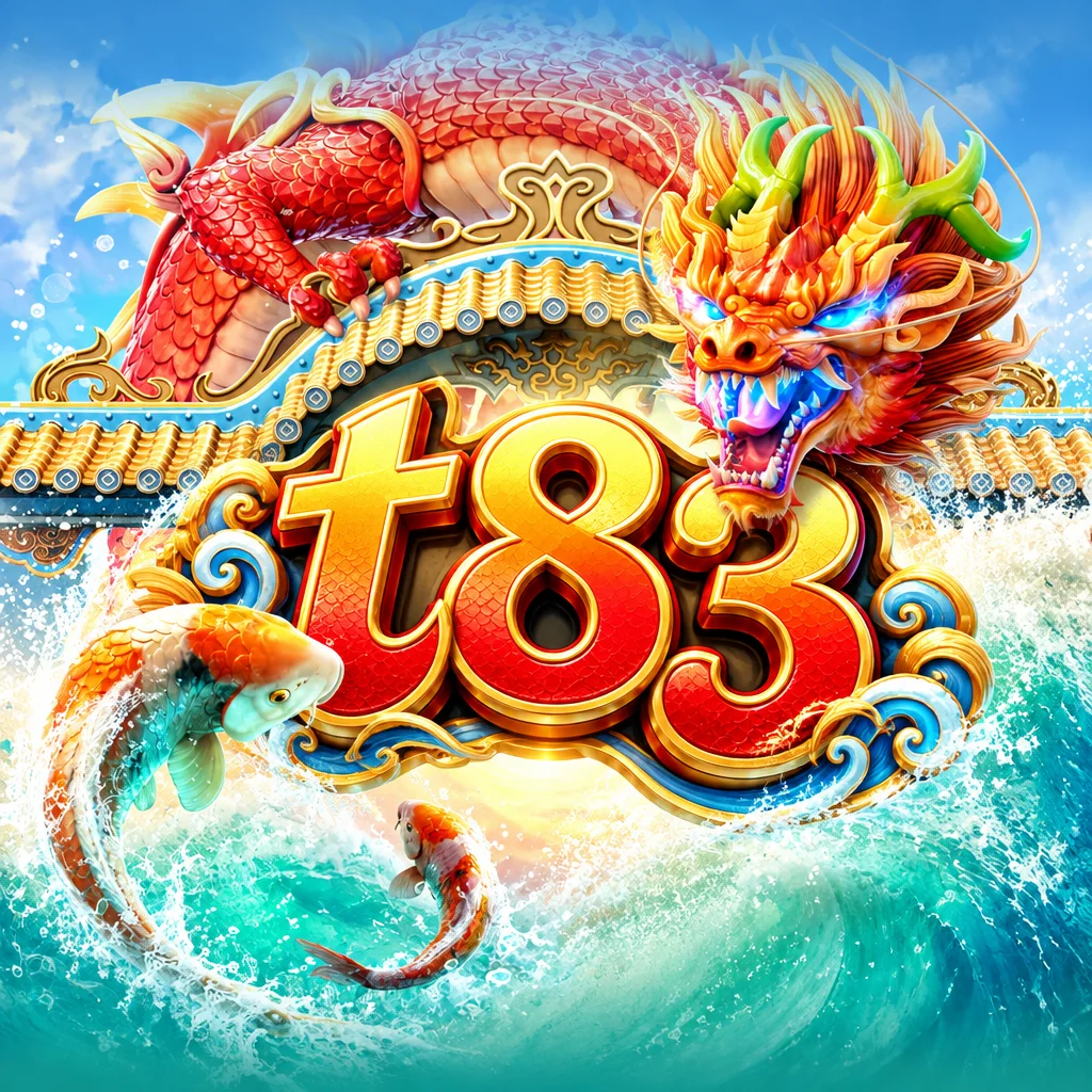 โลโก้ t83 ผสานมังกรจีนสีทองและปลาคาร์ฟแหวกว่ายกลางเกลียวคลื่นจากเกม Dragon Legend