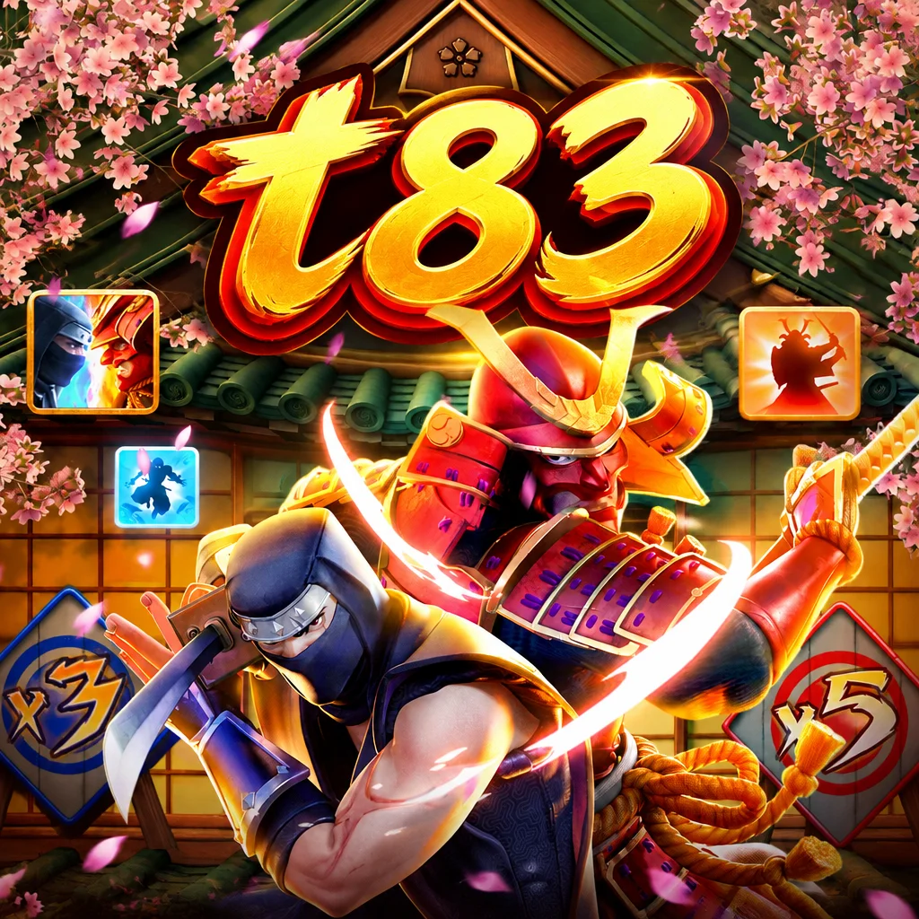 โลโก้ t83 ร่วมกับภาพการประจันหน้าของนินจาและซามูไรจากเกม Ninja Vs Samurai