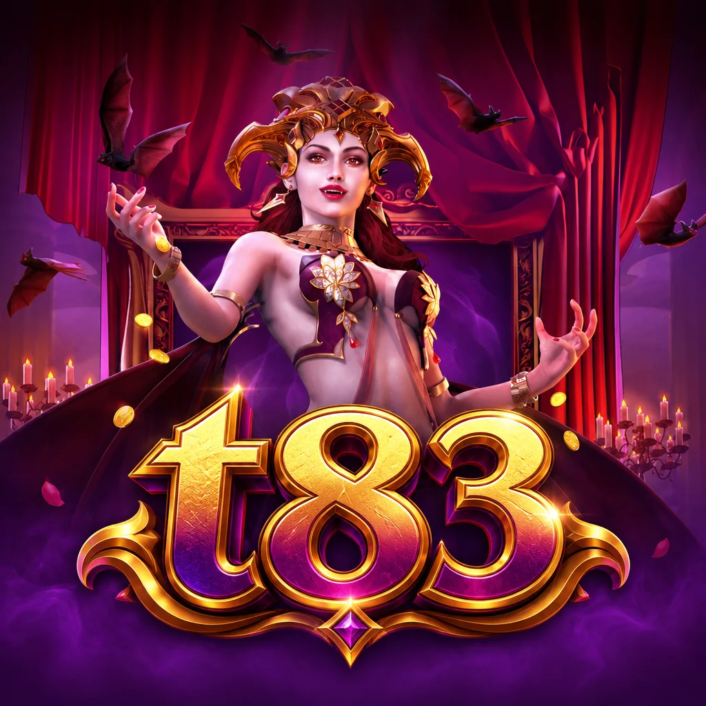 โลโก้ t83 พร้อมตัวละครแวมไพร์สาวจากเกม Vampires Charm ในบรรยากาศโกธิกโทนสีม่วงและค้างคาวบิน